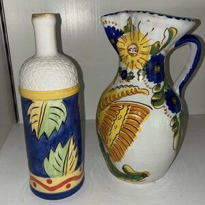 Deruta Ceramica Hand Painted Pottery Pitcher 60 Oz And Olive Oil Dispenser